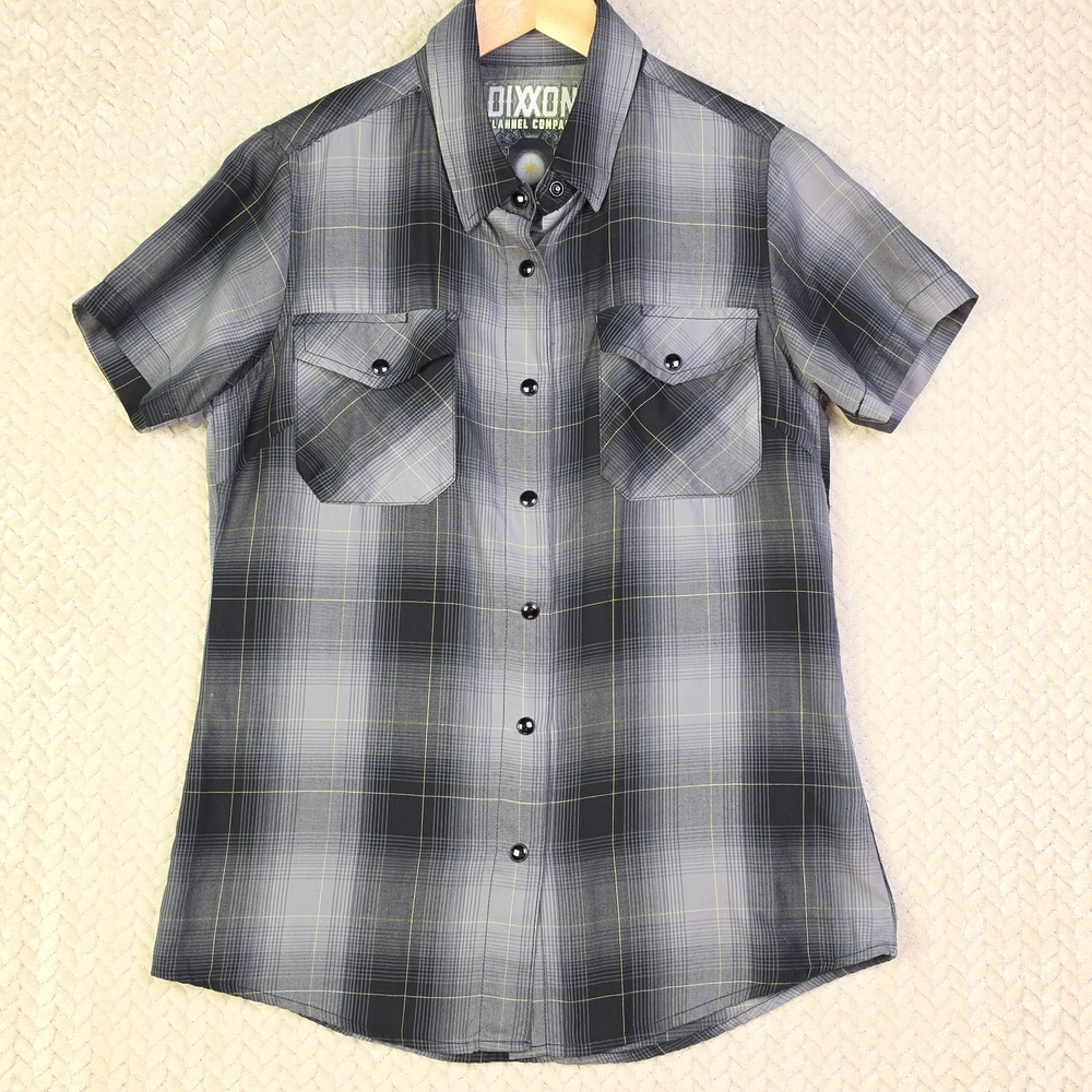 Dixxon‎ Short Sleeve Button Down Shirt Womens Small Black and Gray Plaid